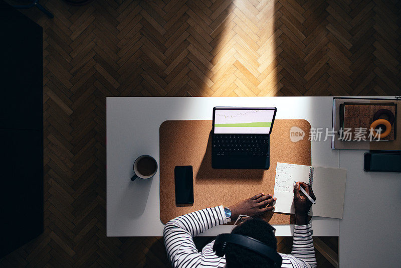 Table Top View Of Unrecognizable BusinessmanÂ Working At Home On A Digital Tablet